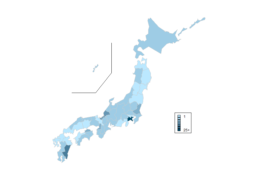 There appear to be no obvious geographic patterns in the number of supported languages on the prefecture website