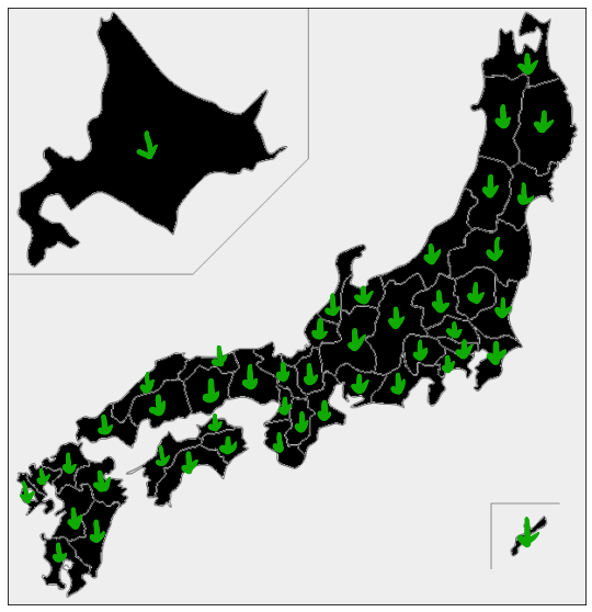 Map of Japanese prefectures with arrows of same size pointing down from each prefecture