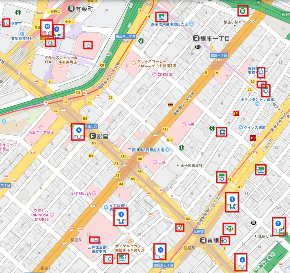 Map of Ginza station area with convenience stores boxed