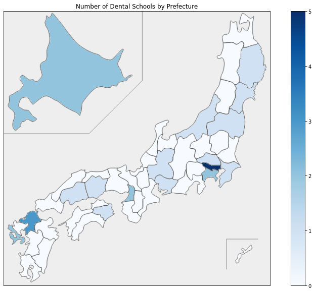 Tokyo has the most dental schools by prefecture