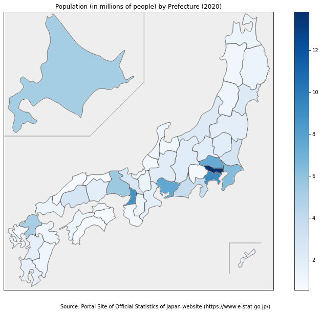 Map of Japanese prefectures shaded by population