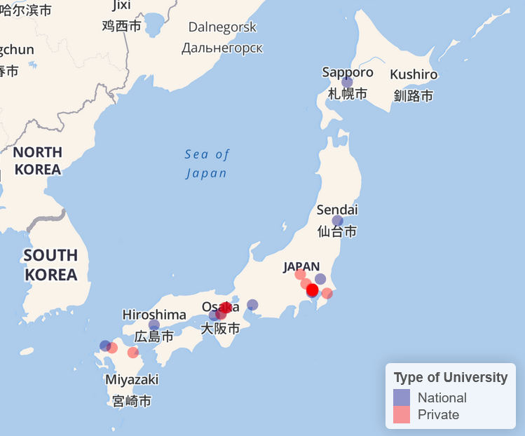 Map of universities with the most international students; labeled by national or private