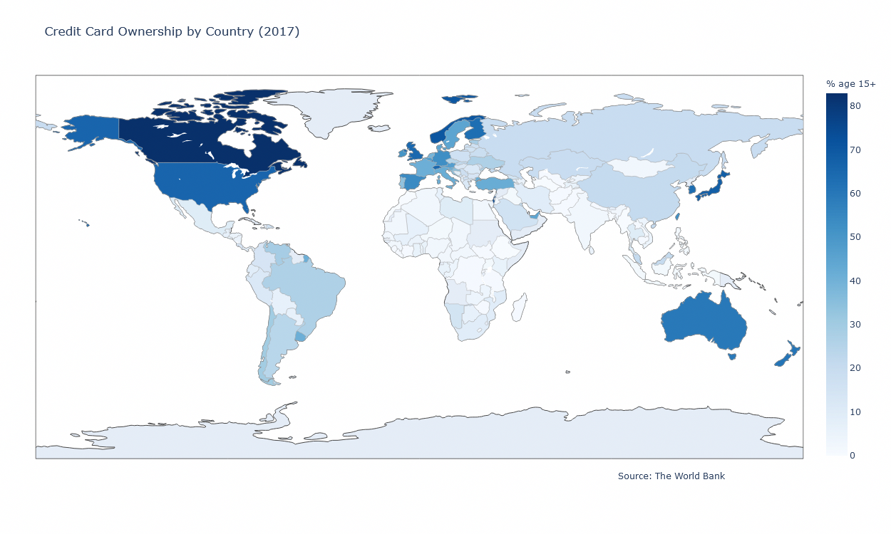 Map of countries shaded by credit card ownership