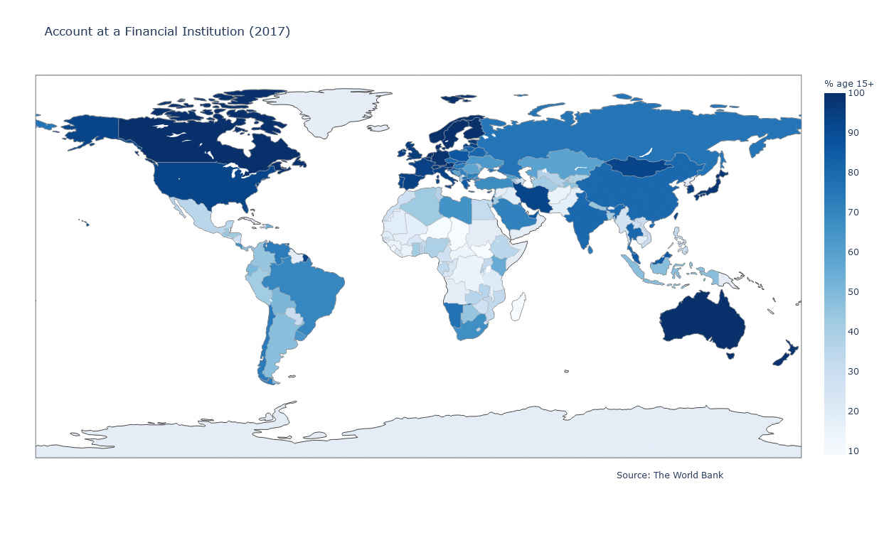 Map of countries shaded by accounts at a financial institution